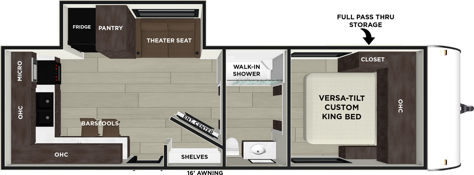 The Salem 22ERAS floorplan has one entry and one slide out. Exterior features include: metal or fiberglass exterior and 16' awning. Interiors features include: rear kitchen, front bedroom and pass through bathroom.